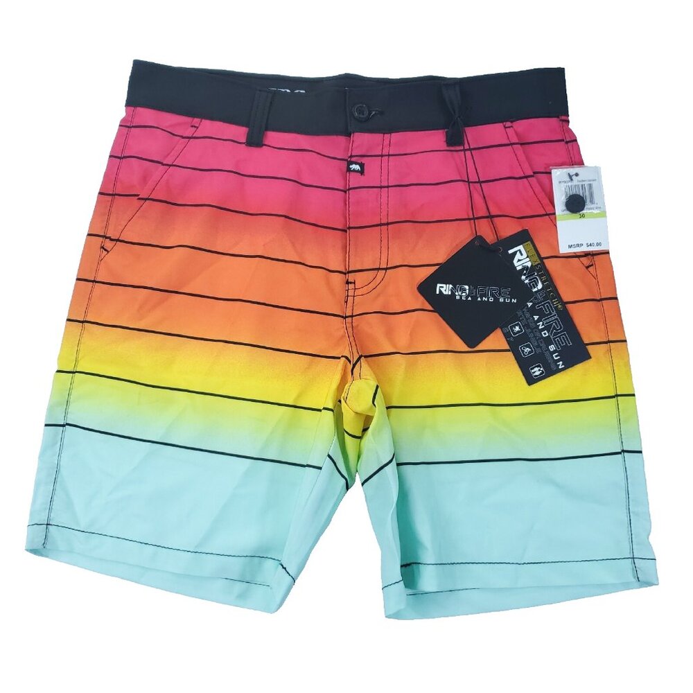 Ring Of Fire Boardshorts Men 30x7.5" Stretch Swim Shorts Flex Neon Colorful
